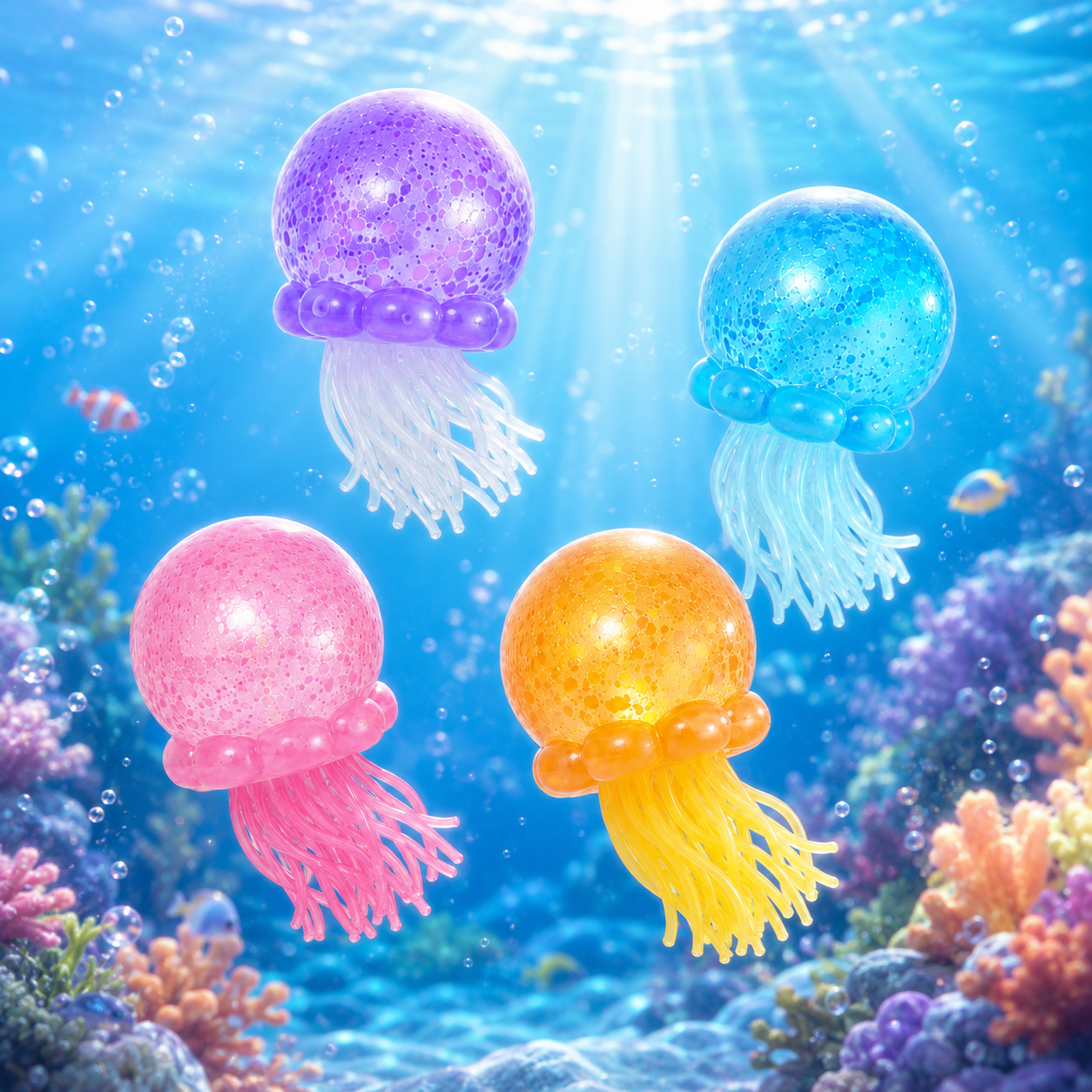 Jellyfish Squishy Toy – Transparent Sequin Stress Ball with Silicone Tentacles